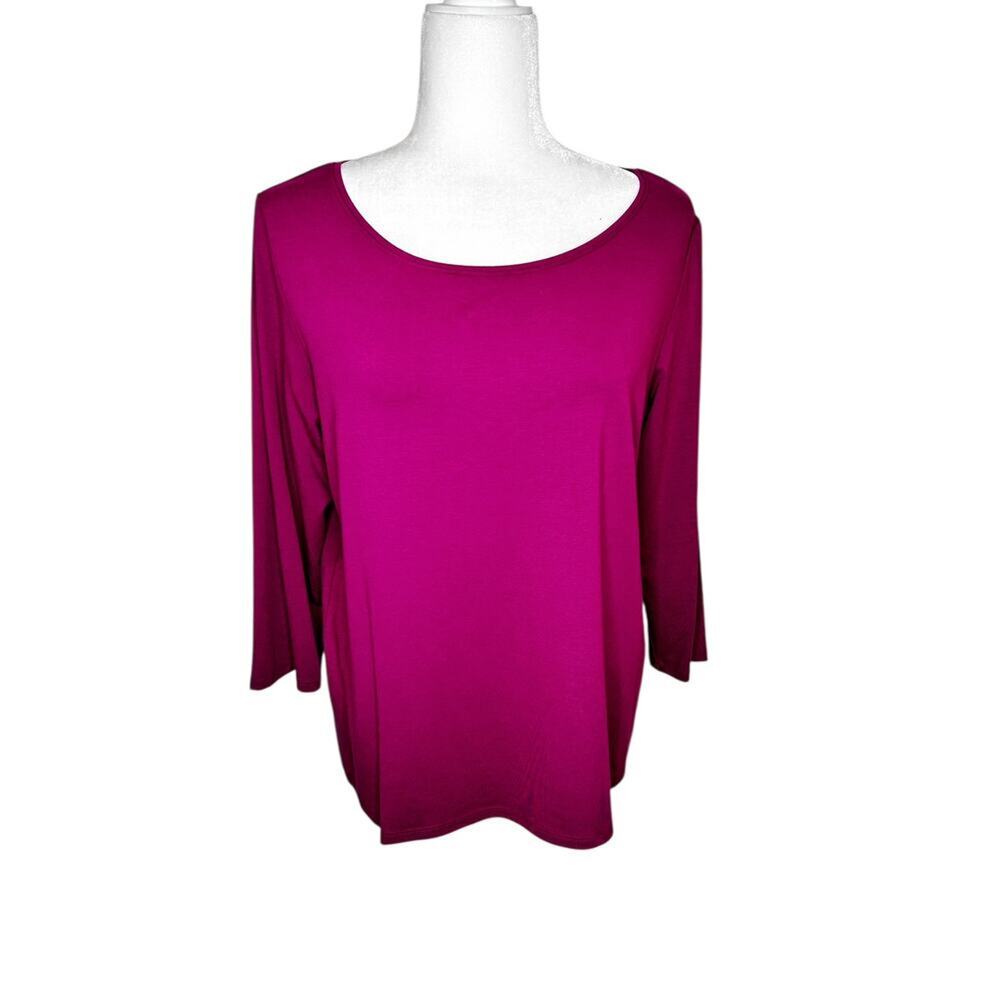 Eileen Fisher Fuchsia Viscose Spandex Scoop Neck 3/4 Sleeve Slinky Top Large